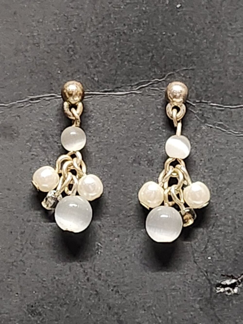 Gold Tone Faux Pearl Cluster Dangle Earrings Elegant Vintage Style